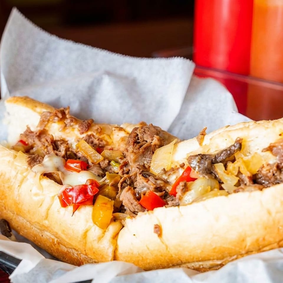 Philly cheesesteak sandwich with sliced beef, melted cheese, onions, mushrooms, and peppers on a hoagie roll.
