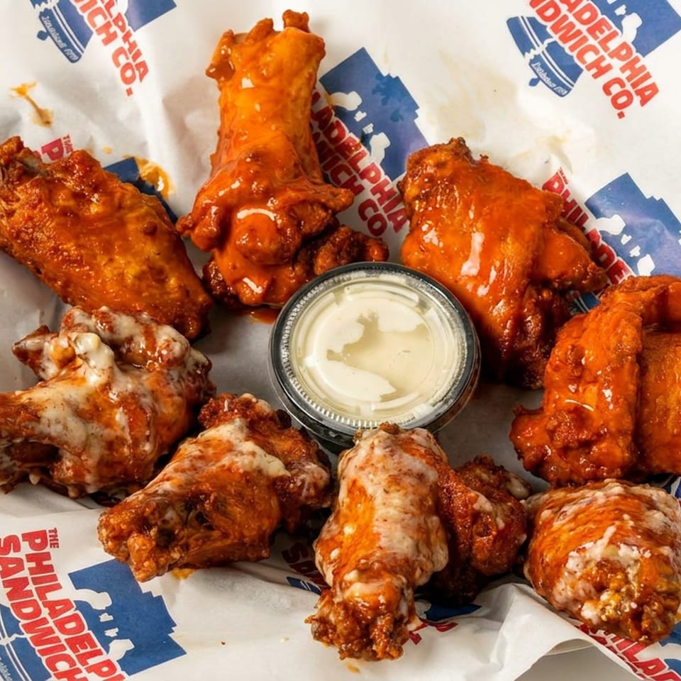 Glazed chicken wings arranged around a cup of creamy dipping sauce on Philadelphia Sandwich Co. branded paper.