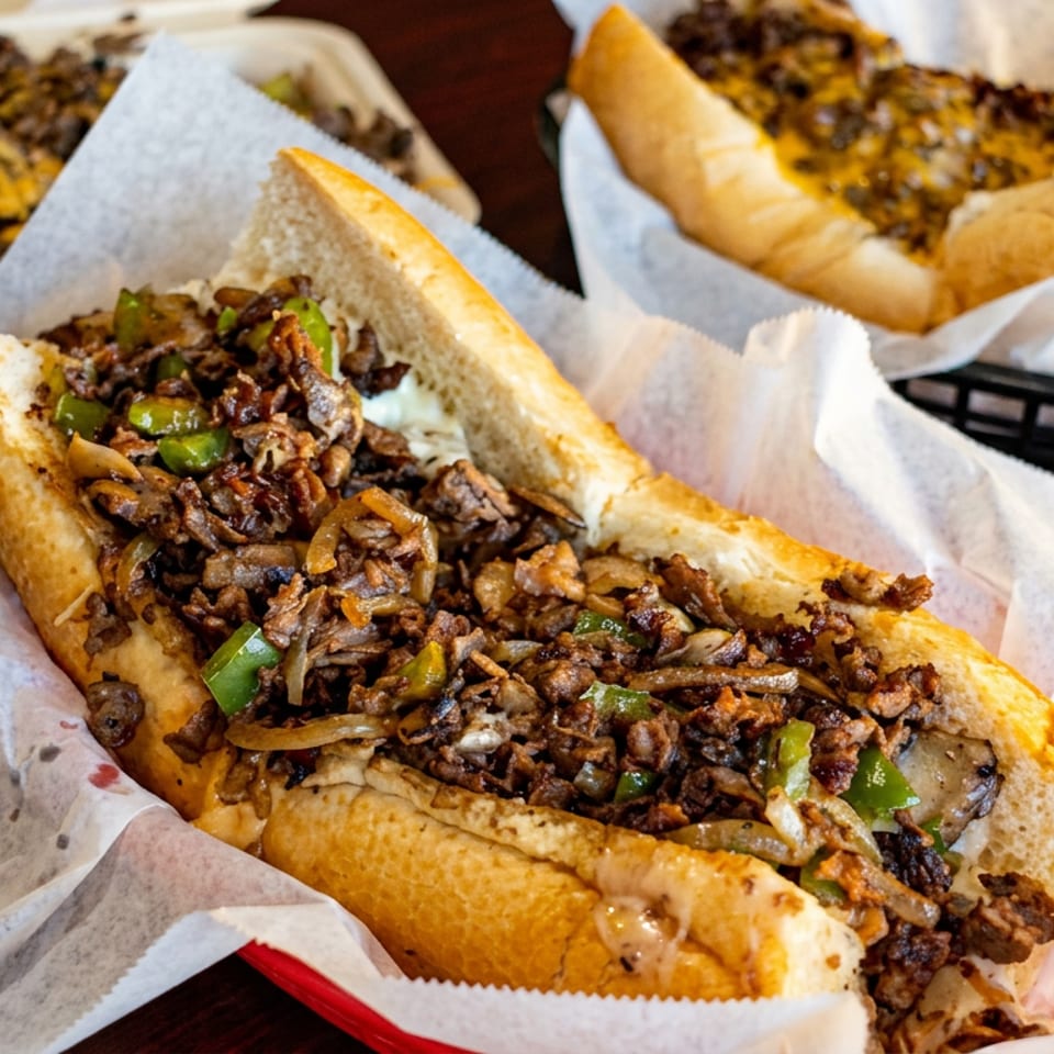 Loaded cheesesteak sandwiches with chopped steak, peppers, onions, mushrooms, and melted cheese served on a wooden table.