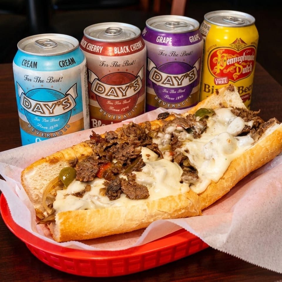 Cheesesteak sandwich with melted cheese and peppers in a red basket, accompanied by four soda cans on a wooden table.