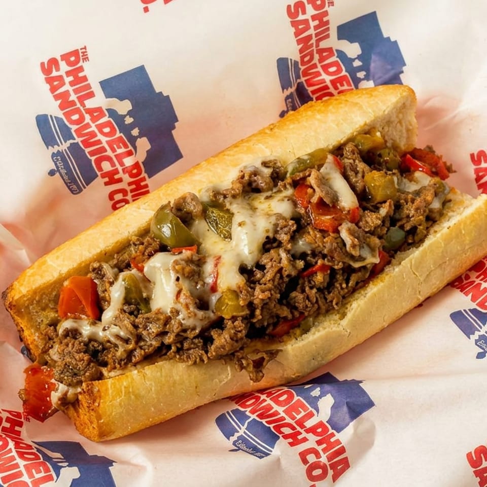 Cheesesteak sandwich with melted cheese, peppers, and onions on a hoagie roll atop Philadelphia Sandwich Co. branded paper.