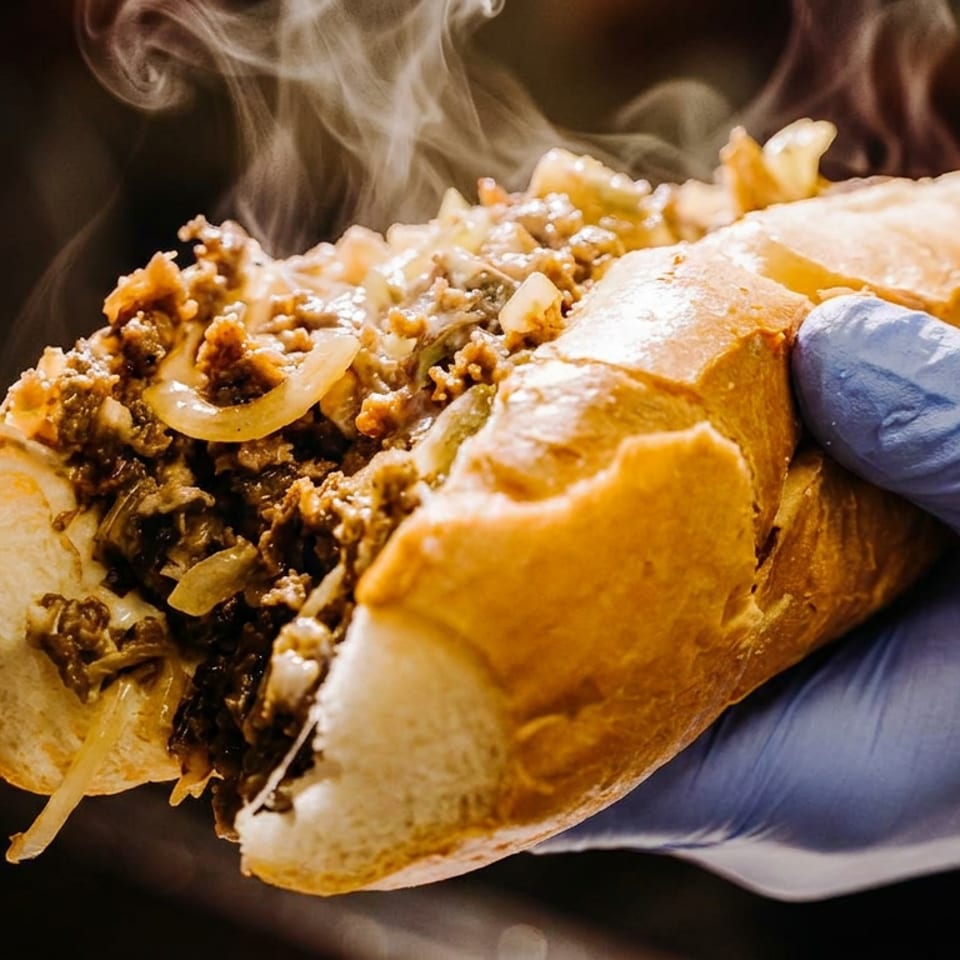 Steaming stuffed sandwich filled with seasoned ground meat and onions, held by a gloved hand.