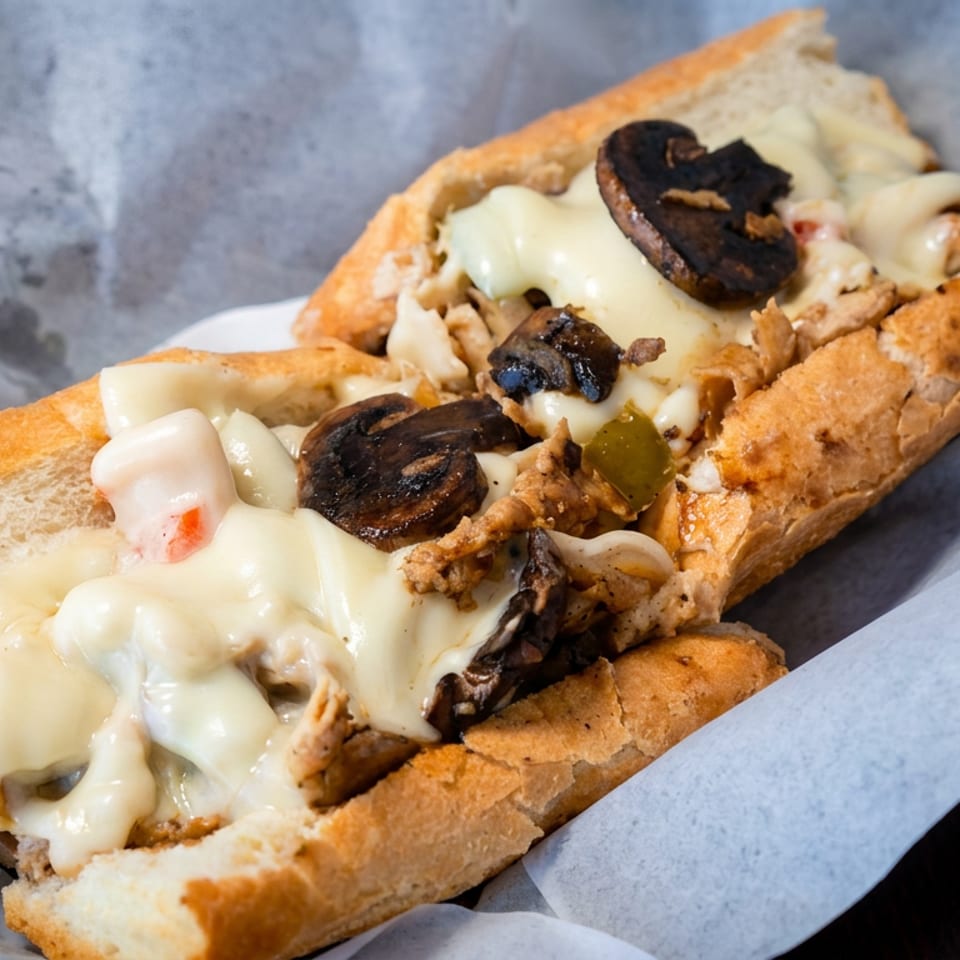 Toasted sub sandwich filled with sliced chicken, mushrooms, peppers, and melted cheese on deli paper.