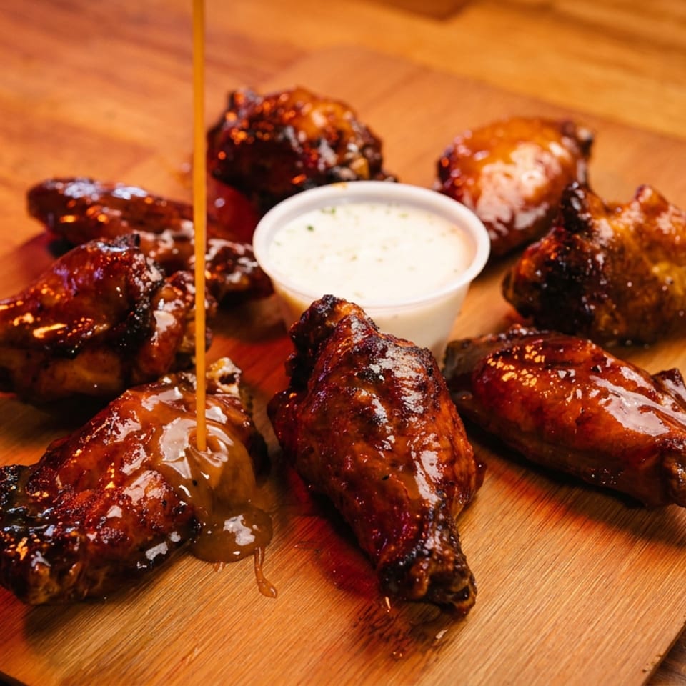 Glazed chicken wings arranged on a wooden board with creamy dipping sauce and sauce drizzled over the wings.