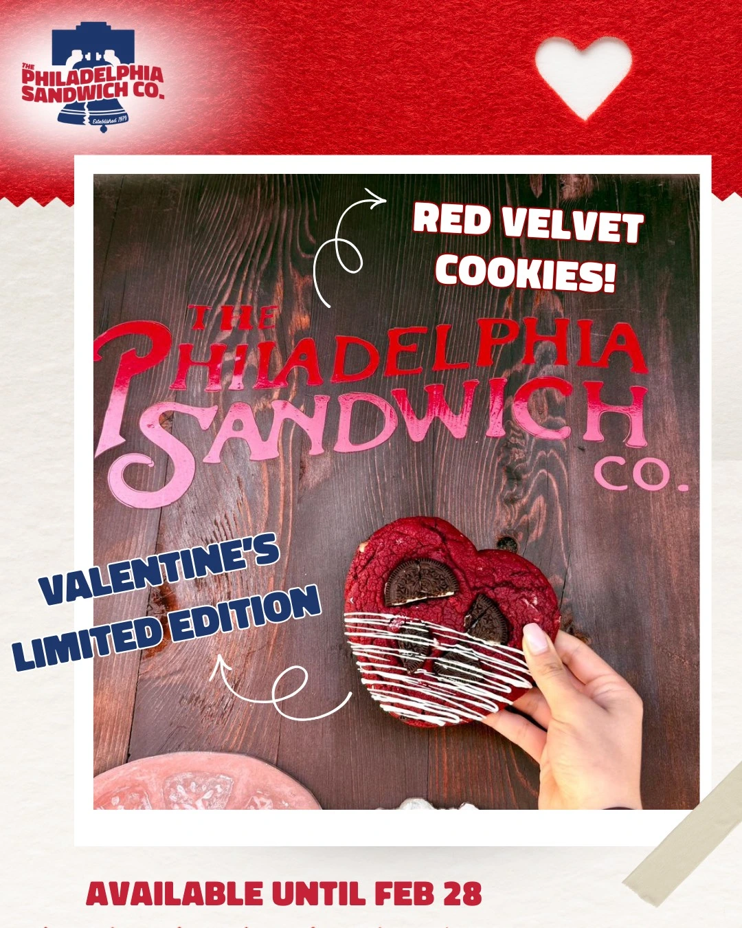 Red velvet cookies Valentine’s Day limited edition dessert from Philadelphia Sandwich Co. in San Diego for $4