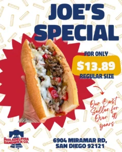 Joe’s Special Philly cheesesteak sandwich with steak, melted cheese, and grilled onions in San Diego